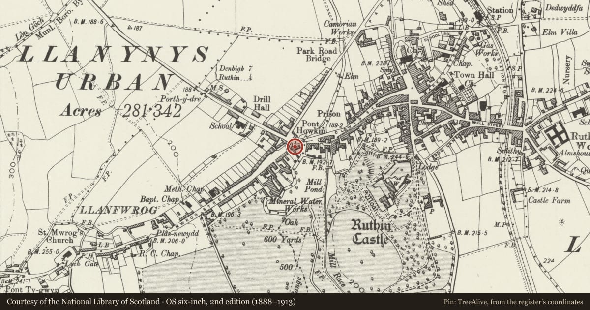 Ordnance Survey six-inch map, 2nd edition (1888–1913) covering the location of 5 Mwrog Street, Ruthin, Denbighshire, with a pin at the register's coordinates