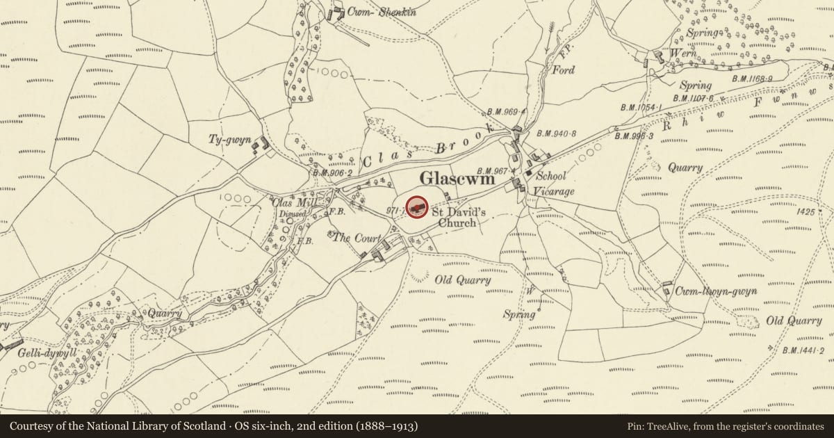 Ordnance Survey six-inch map, 2nd edition (1888–1913) covering the location of Church of St David, Glascwm, Powys, with a pin at the register's coordinates