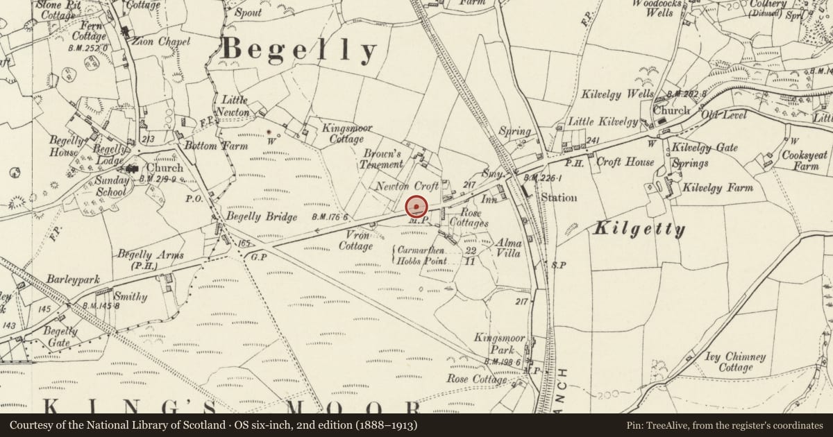 Ordnance Survey six-inch map, 2nd edition (1888–1913) covering the location of Milestone opposite Kilgetty Co-op, Kilgetty/Begelly, Pembrokeshire, with a pin at the register's coordinates