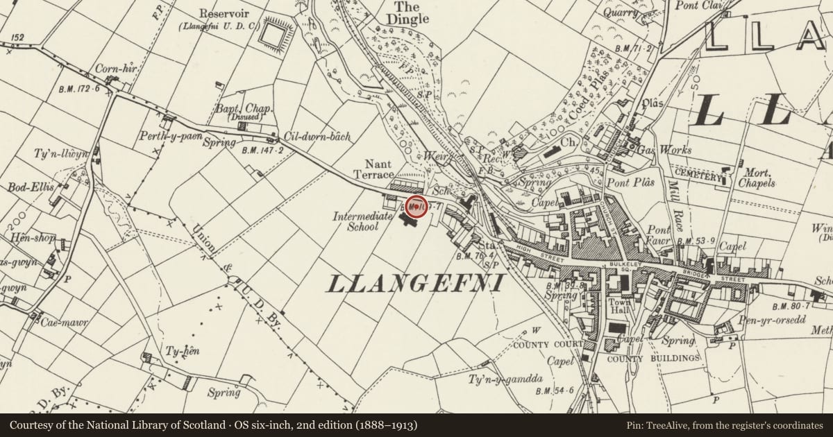 Ordnance Survey six-inch map, 2nd edition (1888–1913) covering the location of Llangefni County School War Memorial, Isle of Anglesey, with a pin at the register's coordinates
