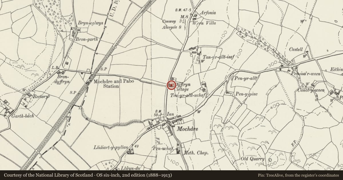 Ordnance Survey six-inch map, 2nd edition (1888–1913) covering the location of Dyffryn Cottage, Mochdre, Conwy, with a pin at the register's coordinates