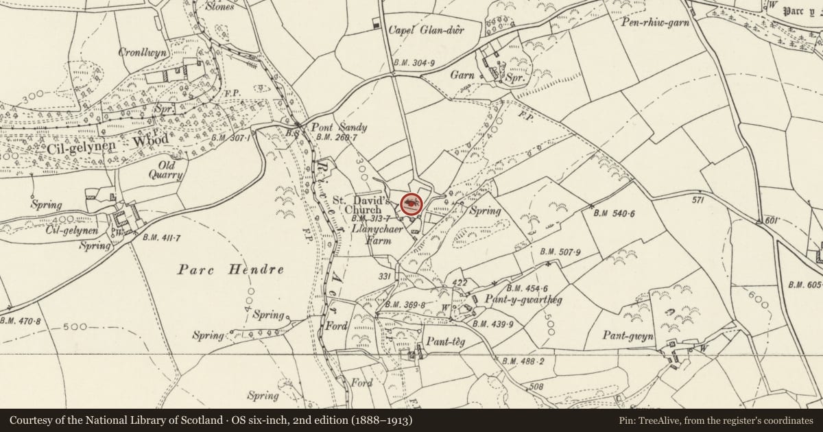 Ordnance Survey six-inch map, 2nd edition (1888–1913) covering the location of Church of St David, Cwm Gwaun, Pembrokeshire, with a pin at the register's coordinates