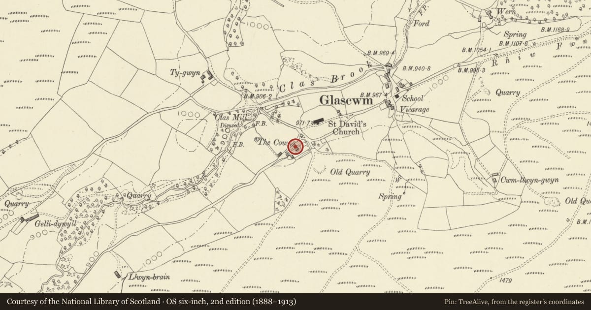 Ordnance Survey six-inch map, 2nd edition (1888–1913) covering the location of The Yat, Glascwm, Powys, with a pin at the register's coordinates