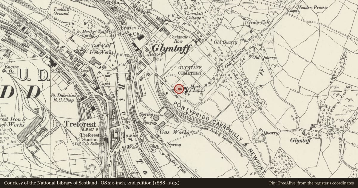 Ordnance Survey six-inch map, 2nd edition (1888–1913) covering the location of Columbarium at Glyntaff Cemetery, Pontypridd, Rhondda Cynon Taff, with a pin at the register's coordinates