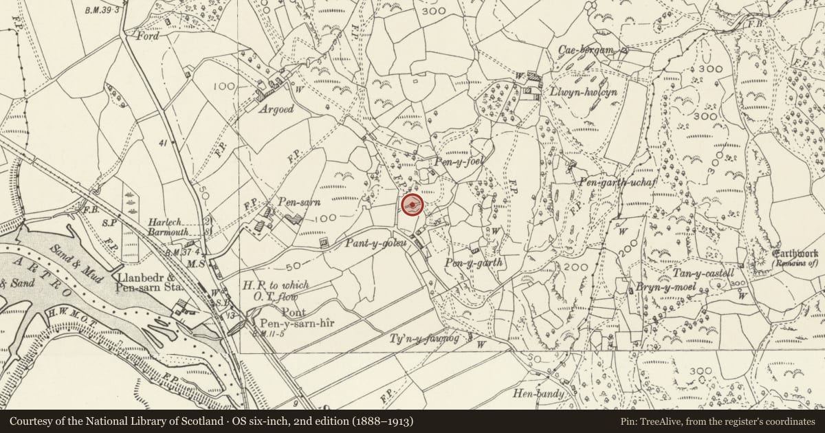 Ordnance Survey six-inch map, 2nd edition (1888–1913) covering the location of Old Cottage in the grounds of Garth, Llanfair, Gwynedd, with a pin at the register's coordinates