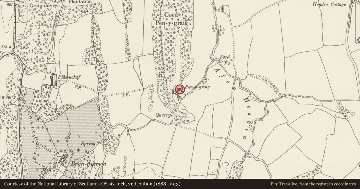 Ordnance Survey six-inch map, 2nd edition (1888–1913) covering the location of Pen-y-Graig Farmhouse, including attached garden walls, Llanfair Dyffryn Clwyd, Denbighshire, with a pin at the register's coordinates