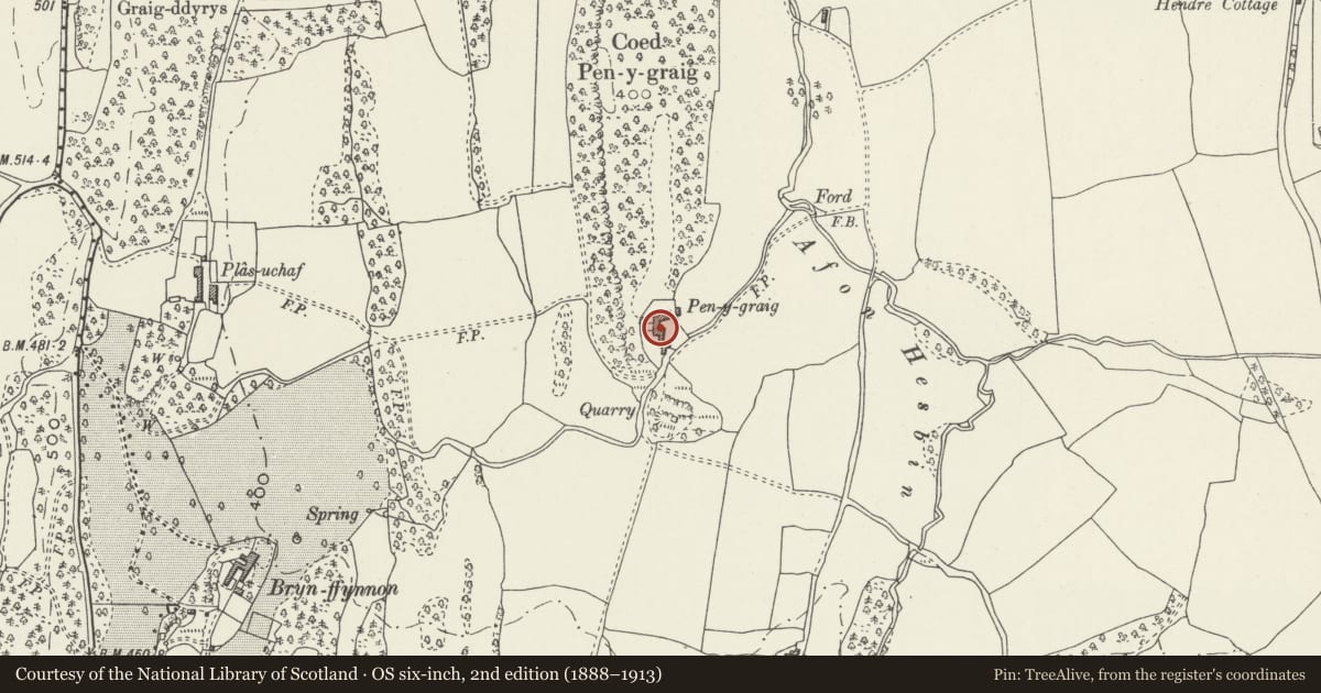 Ordnance Survey six-inch map, 2nd edition (1888–1913) covering the location of Cow house at Pen-y-Graig Farm, Llanfair Dyffryn Clwyd, Denbighshire, with a pin at the register's coordinates