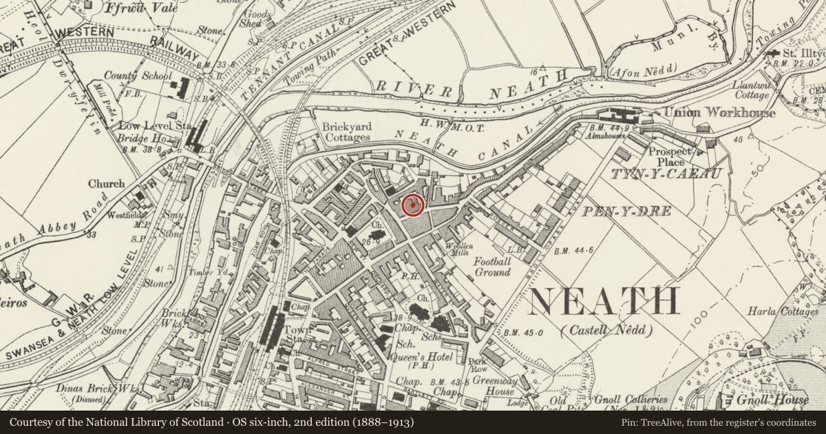 Ordnance Survey six-inch map, 2nd edition (1888–1913) covering the location of Neath Mission Hall, Neath Port Talbot, with a pin at the register's coordinates