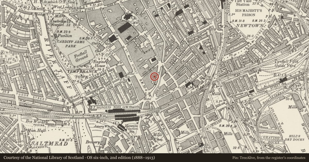 Ordnance Survey six-inch map, 2nd edition (1888–1913) covering the location of 10 Mill Lane, Castle, Cardiff, with a pin at the register's coordinates