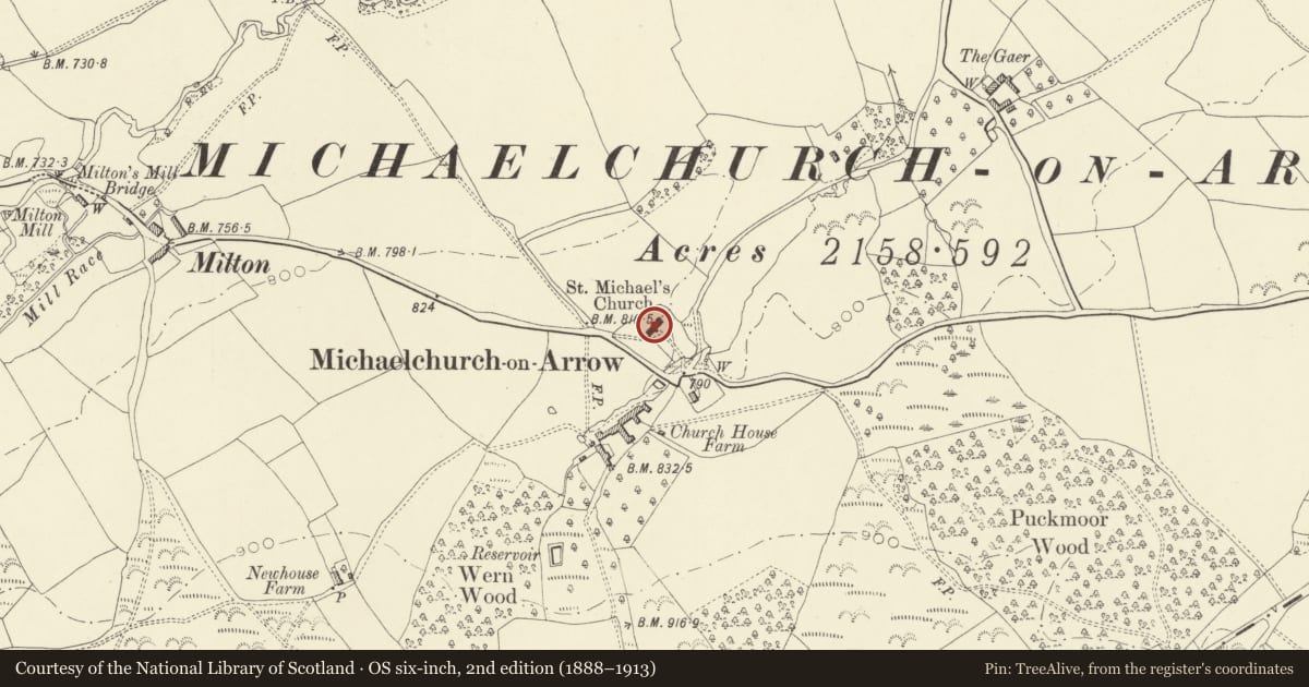 Ordnance Survey six-inch map, 2nd edition (1888–1913) covering the location of Church of St Michael, Gladestry, Powys, with a pin at the register's coordinates