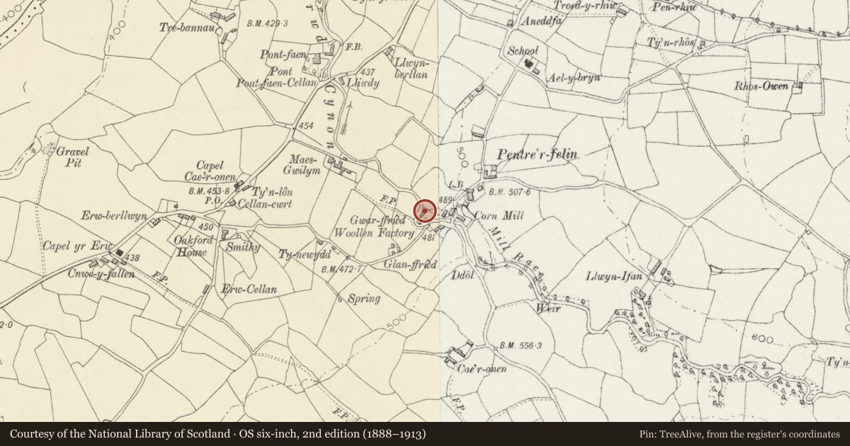Ordnance Survey six-inch map, 2nd edition (1888–1913) covering the location of Glanffrwd Mill, Llanfair Clydogau, Ceredigion, with a pin at the register's coordinates