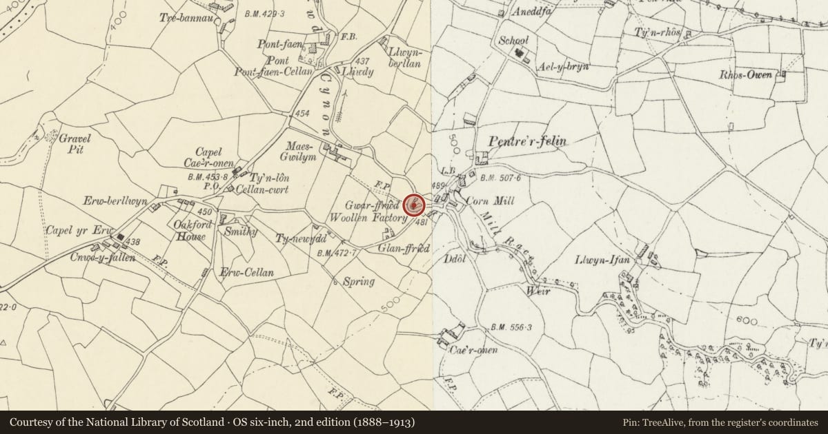 Ordnance Survey six-inch map, 2nd edition (1888–1913) covering the location of Mill House at Glanffrwd Mill, Llanfair Clydogau, Ceredigion, with a pin at the register's coordinates