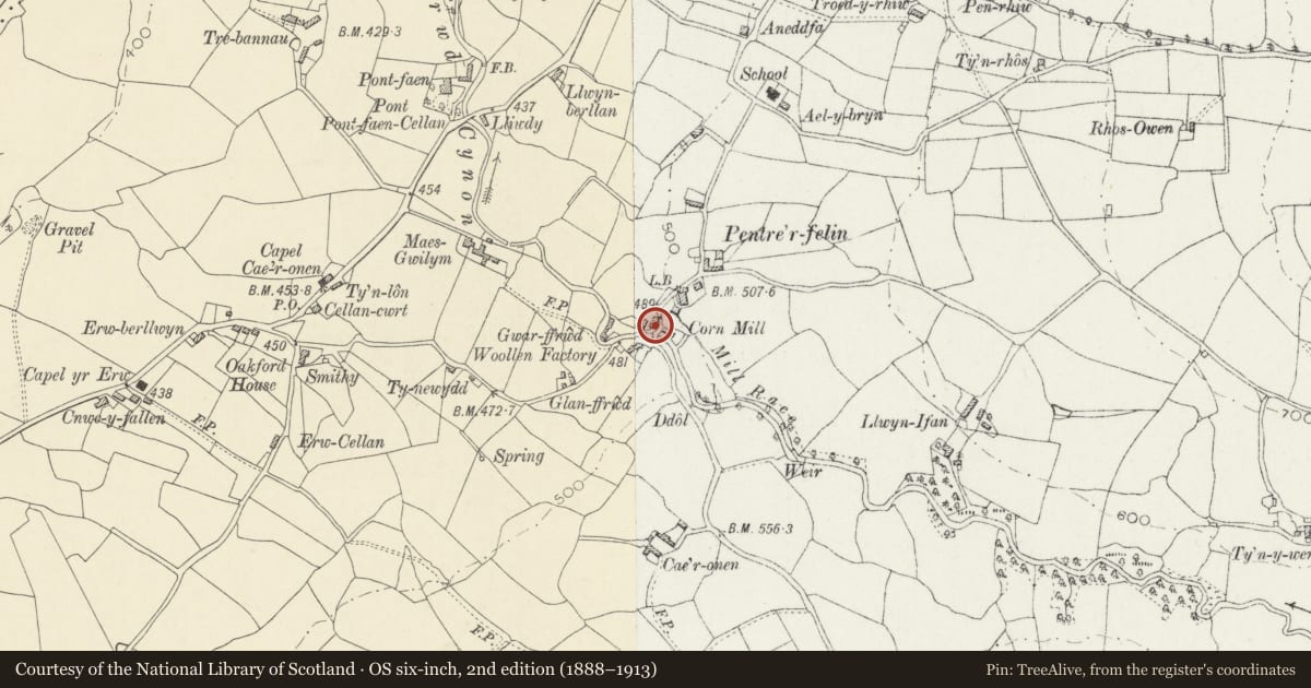 Ordnance Survey six-inch map, 2nd edition (1888–1913) covering the location of Penpompren, Llanfair Clydogau, Ceredigion, with a pin at the register's coordinates