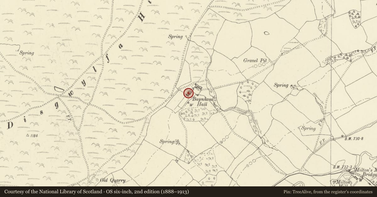 Ordnance Survey six-inch map, 2nd edition (1888–1913) covering the location of Baynham Hall, Gladestry, Powys, with a pin at the register's coordinates