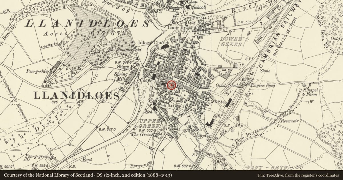 Ordnance Survey six-inch map, 2nd edition (1888–1913) covering the location of The Oxford, 2, 3, 4 & 4A China Street, Llanidloes, Powys, with a pin at the register's coordinates