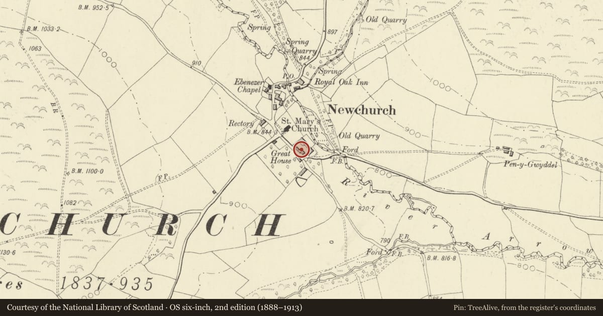 Ordnance Survey six-inch map, 2nd edition (1888–1913) covering the location of Great House including former Barn Range attached to right, Gladestry, Powys, with a pin at the register's coordinates