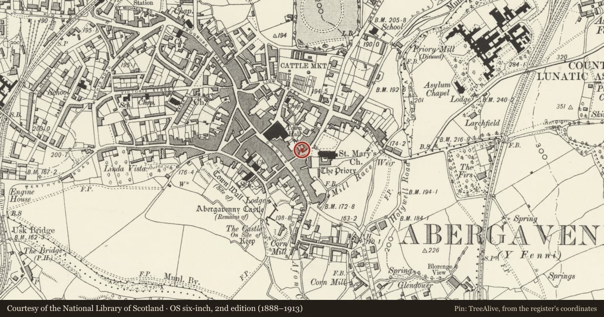 Ordnance Survey six-inch map, 2nd edition (1888–1913) covering the location of Laburnum Cottage, including front railings, wall and gate, Abergavenny, Monmouthshire, with a pin at the register's coordinates