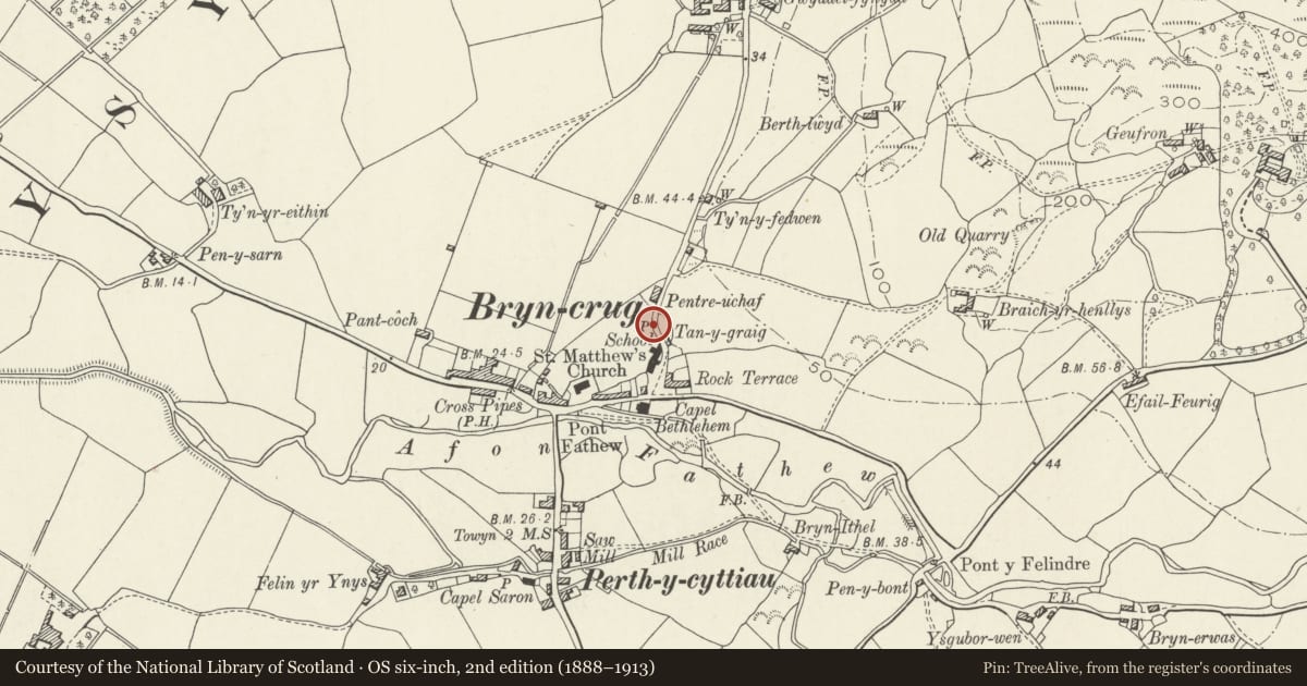 Ordnance Survey six-inch map, 2nd edition (1888–1913) covering the location of Water lift pump near Pentre-Uchaf, Bryncrug, Bryn-Crug, Gwynedd, with a pin at the register's coordinates
