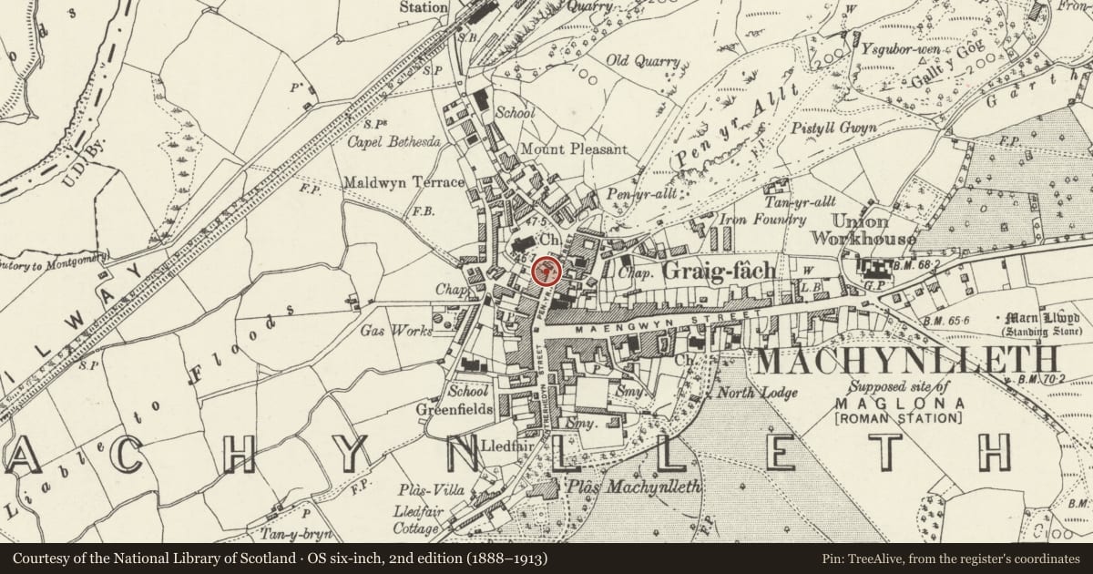 Ordnance Survey six-inch map, 2nd edition (1888–1913) covering the location of Aberllefenni House, Machynlleth, Powys, with a pin at the register's coordinates