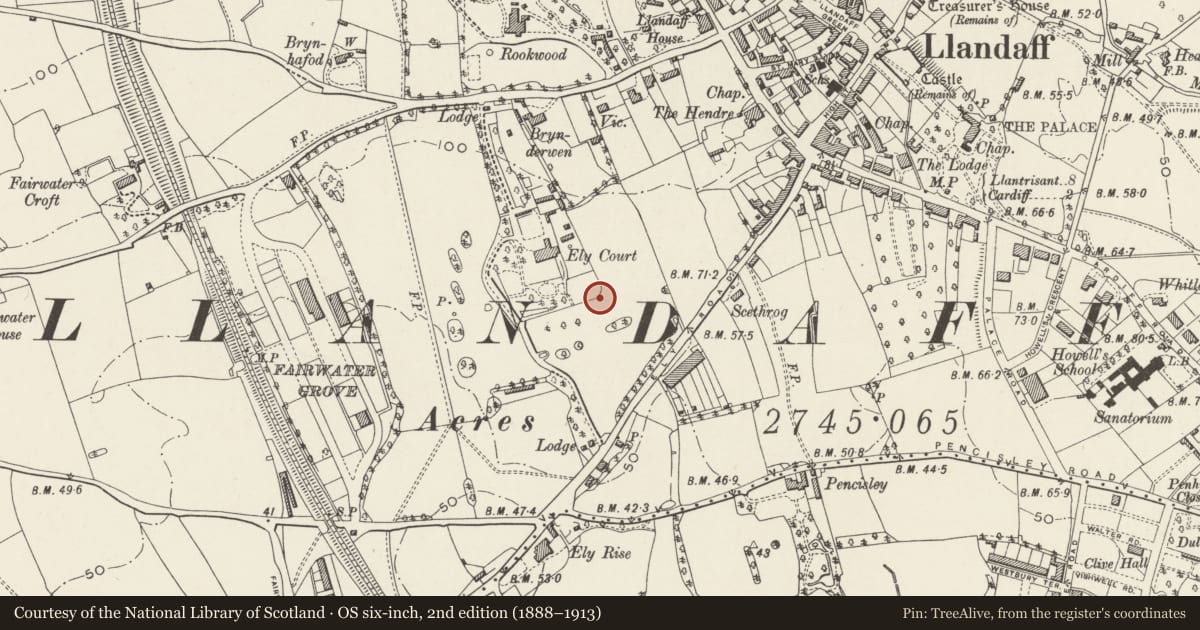 Ordnance Survey six-inch map, 2nd edition (1888–1913) covering the location of Llandaff Sub-Control Centre, Cardiff, with a pin at the register's coordinates