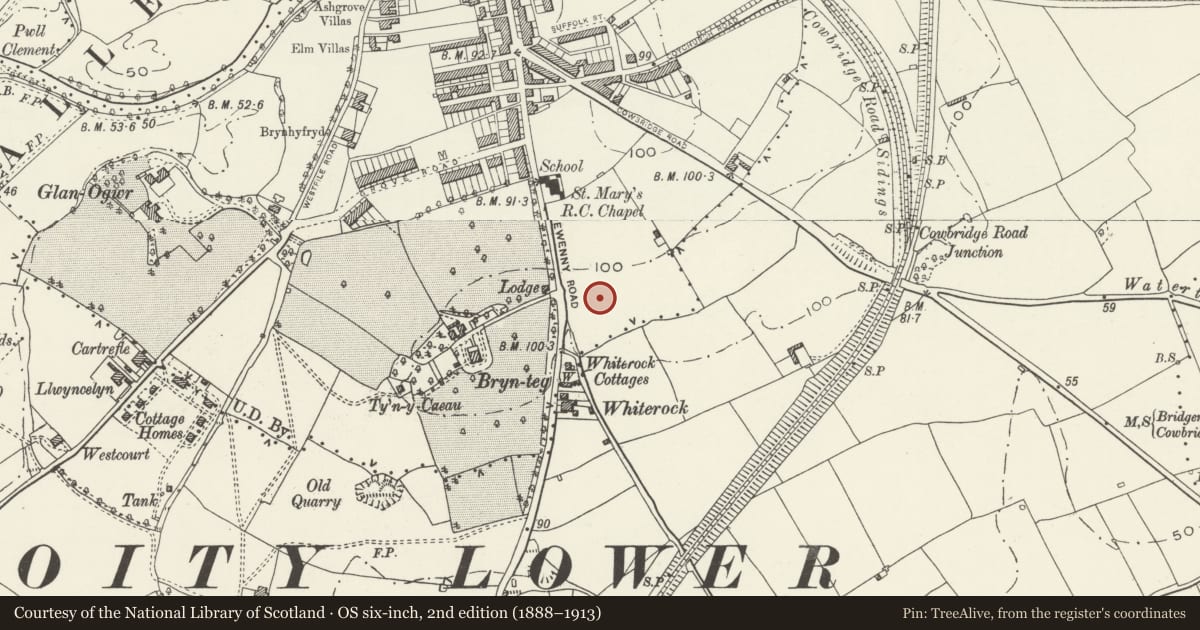 Ordnance Survey six-inch map, 2nd edition (1888–1913) covering the location of Heronsbridge School, Bridgend, with a pin at the register's coordinates