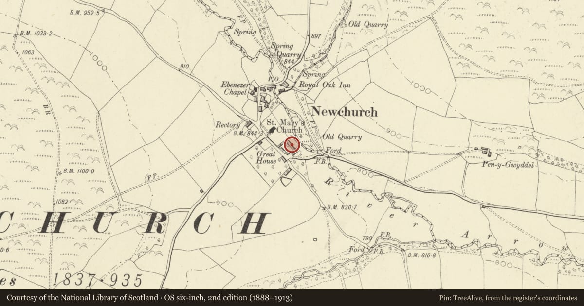 Ordnance Survey six-inch map, 2nd edition (1888–1913) covering the location of Barn at Great House on SW side of Farmyard, Gladestry, Powys, with a pin at the register's coordinates