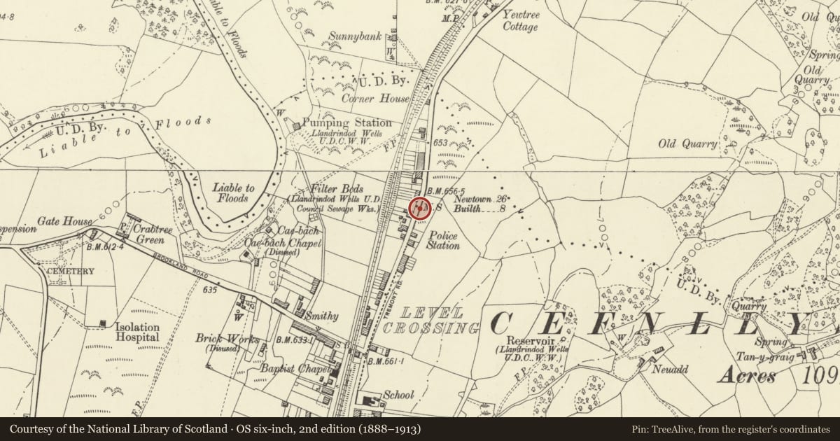 Ordnance Survey six-inch map, 2nd edition (1888–1913) covering the location of Milestone adjacent to Wenallt/Drws y Coed on Tremont Road (A483), Llandrindod Wells, Powys, with a pin at the register's coordinates