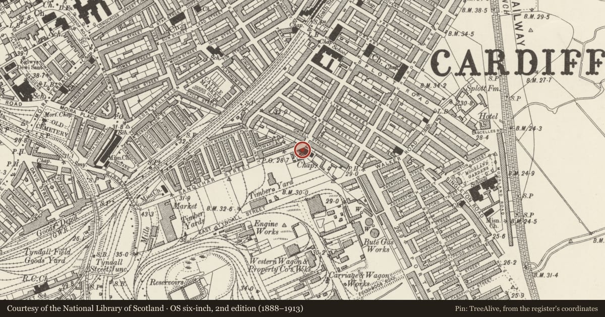 Ordnance Survey six-inch map, 2nd edition (1888–1913) covering the location of Former East Moors Forward Movement Mission Hall (now Eastmoors Youth Centre), Splott, Cardiff, with a pin at the register's coordinates