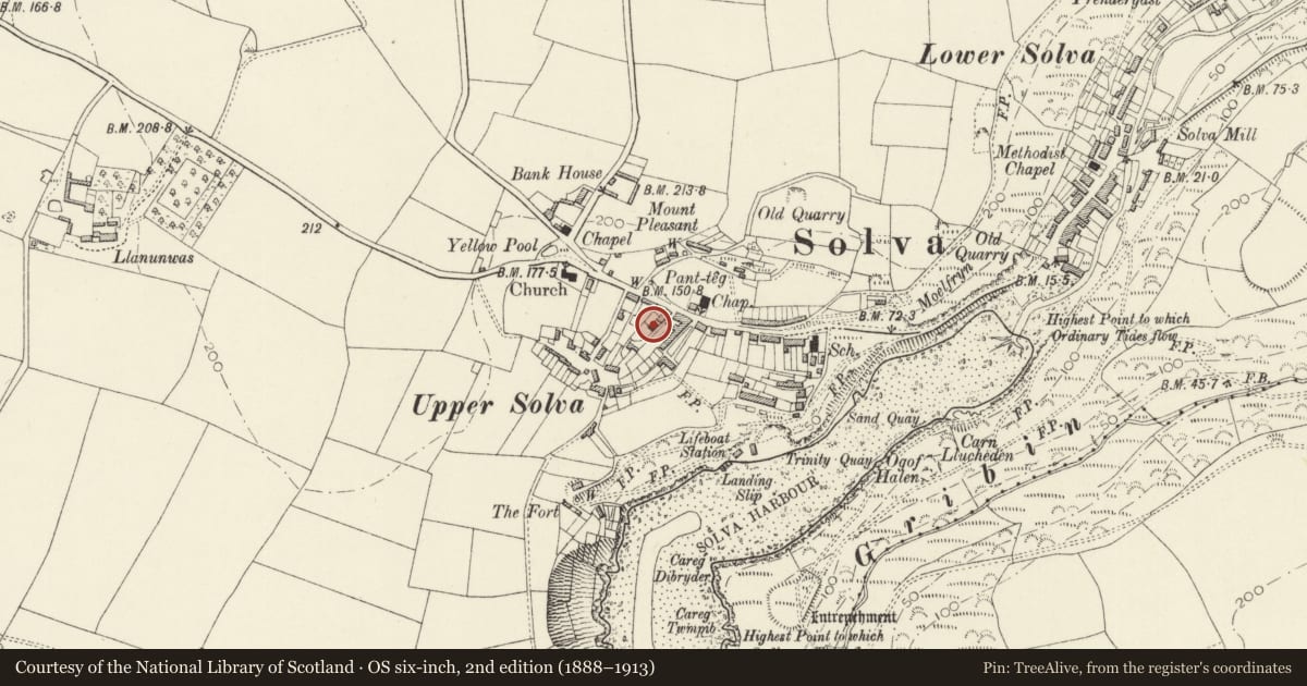 Ordnance Survey six-inch map, 2nd edition (1888–1913) covering the location of Capel Bach, Solva, Pembrokeshire, with a pin at the register's coordinates
