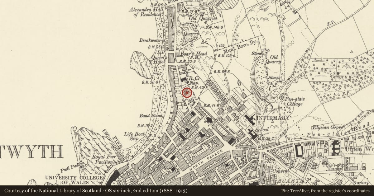 Ordnance Survey six-inch map, 2nd edition (1888–1913) covering the location of 1-5 Cambridge Terrace, Aberystwyth, Ceredigion, with a pin at the register's coordinates