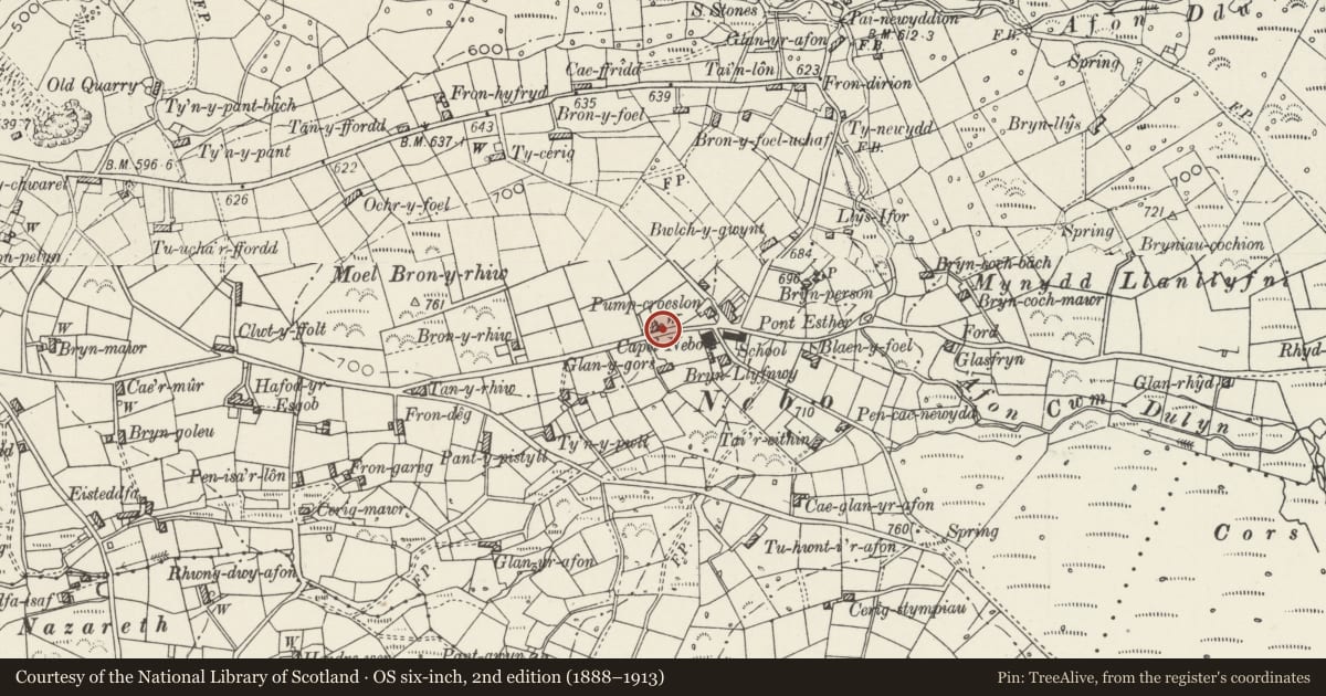 Ordnance Survey six-inch map, 2nd edition (1888–1913) covering the location of K8 Phonebox, Nebo, Llanllyfni, Gwynedd, with a pin at the register's coordinates