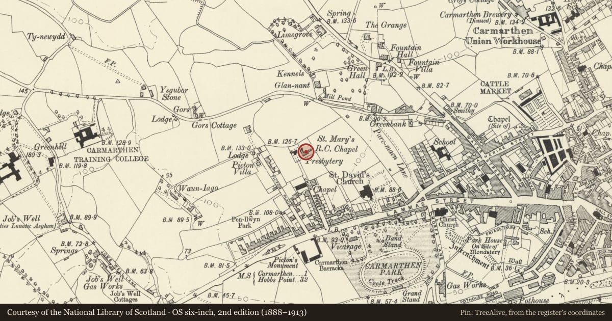 Ordnance Survey six-inch map, 2nd edition (1888–1913) covering the location of Former Monastery/Clergy House at the Catholic Church of St Mary, Carmarthen, Carmarthenshire, with a pin at the register's coordinates
