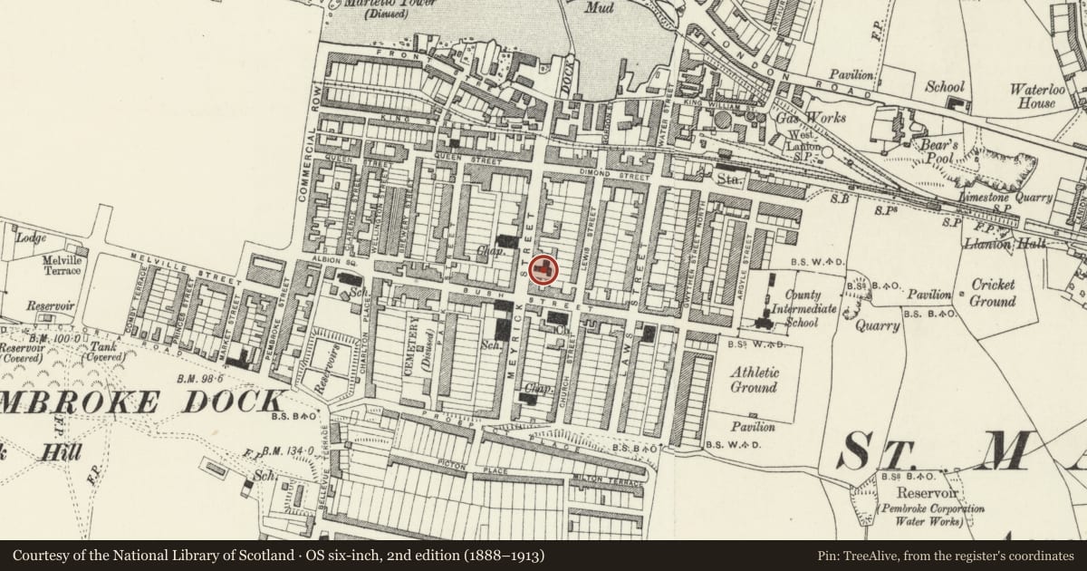 Ordnance Survey six-inch map, 2nd edition (1888–1913) covering the location of Catholic Church of St Mary, includes stone wall, railings and gates, Pembroke Dock, Pembrokeshire, with a pin at the register's coordinates