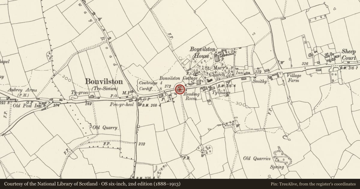 Ordnance Survey six-inch map, 2nd edition (1888–1913) covering the location of Milestone opposite the Old Village Shop, Bonvilston, St. Nicholas and Bonvilston, Vale of Glamorgan, with a pin at the register's coordinates