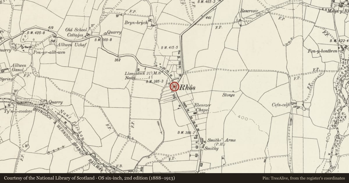 Ordnance Survey six-inch map, 2nd edition (1888–1913) covering the location of Fingerpost on Neath Road/Plas Road, Cilybebyll, Neath Port Talbot, with a pin at the register's coordinates