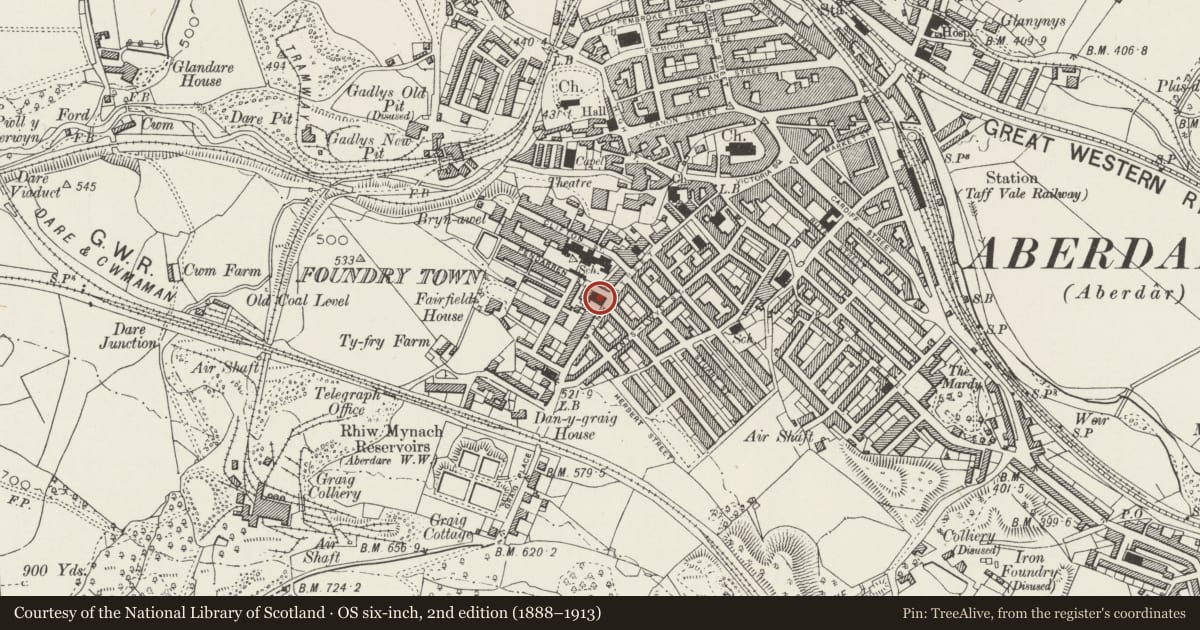 Ordnance Survey six-inch map, 2nd edition (1888–1913) covering the location of Catholic Church of St Joseph, Aberdare East, Rhondda Cynon Taff, with a pin at the register's coordinates