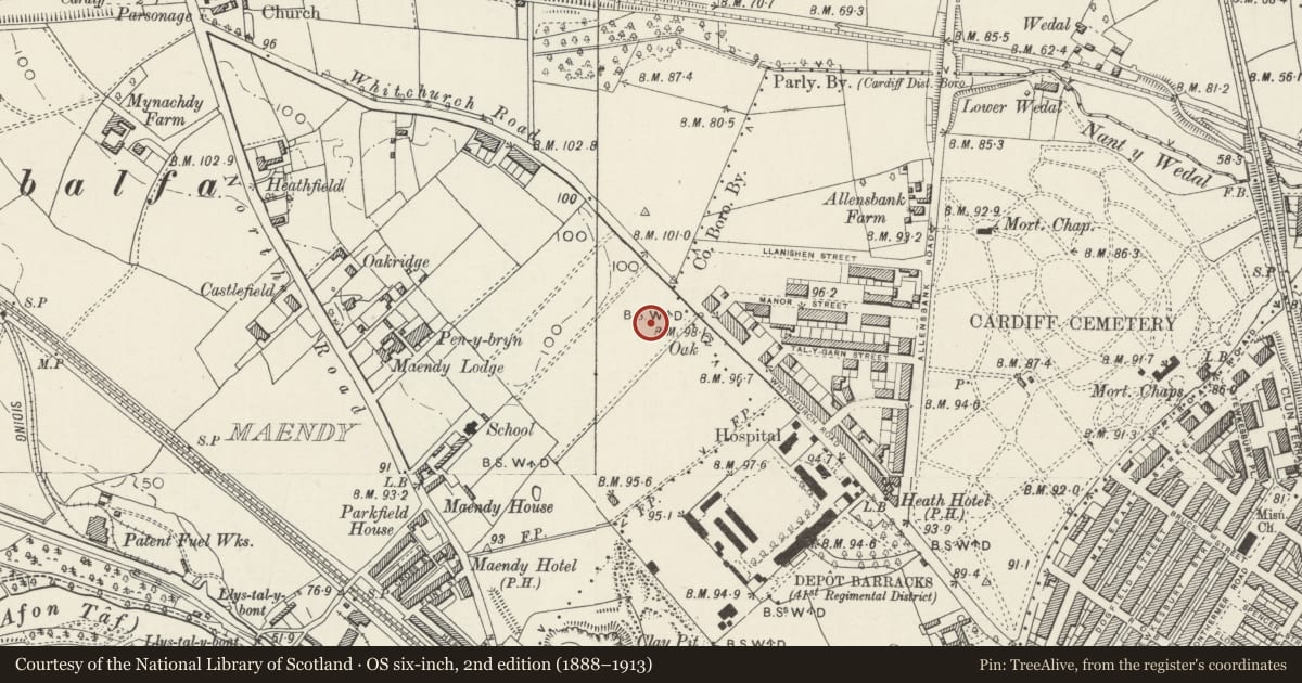 Ordnance Survey six-inch map, 2nd edition (1888–1913) covering the location of Catholic Church of St Joseph, Gabalfa, Cardiff, with a pin at the register's coordinates