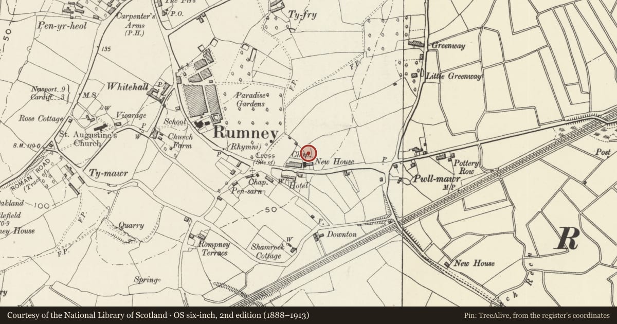 Ordnance Survey six-inch map, 2nd edition (1888–1913) covering the location of Catholic Church of the Blessed Sacrament, Rumney, Cardiff, with a pin at the register's coordinates