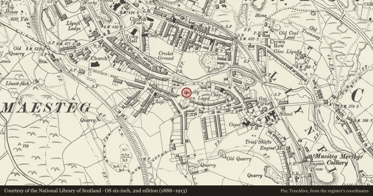 Ordnance Survey six-inch map, 2nd edition (1888–1913) covering the location of Catholic Church of Our Lady and St Patrick, Maesteg, Bridgend, with a pin at the register's coordinates