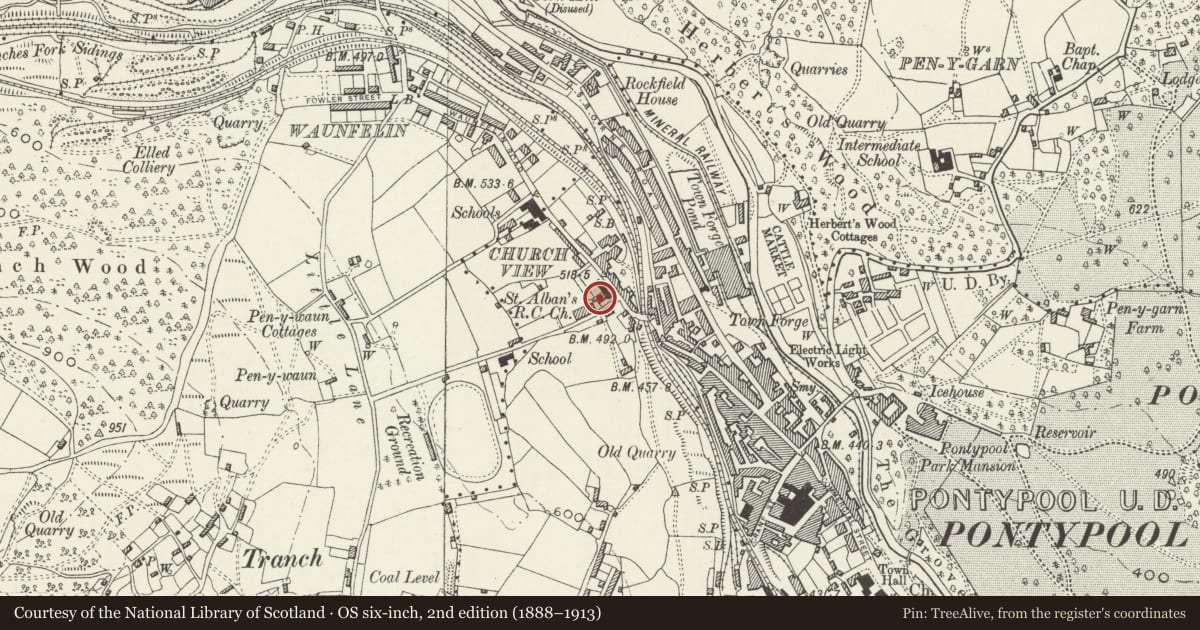 Ordnance Survey six-inch map, 2nd edition (1888–1913) covering the location of Presbytery at Catholic Church of St Alban, Pontymoile, Torfaen, with a pin at the register's coordinates