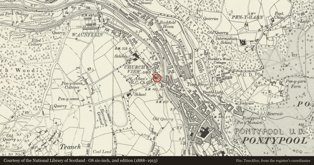 Ordnance Survey six-inch map, 2nd edition (1888–1913) covering the location of Surrounding walls, including gateway, steps and postbox at at Catholic Church of St Alban, Pontymoile, Torfaen, with a pin at the register's coordinates