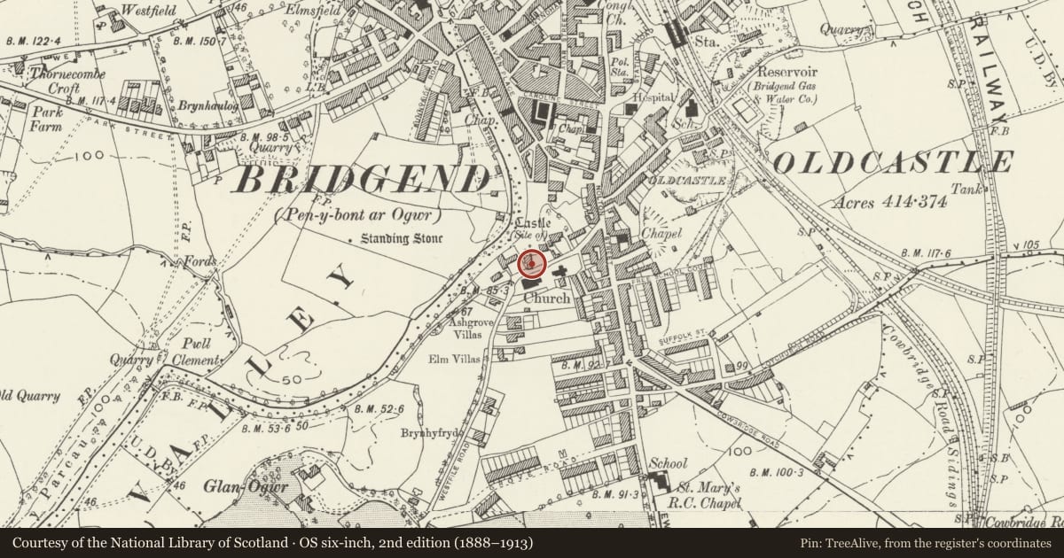 Ordnance Survey six-inch map, 2nd edition (1888–1913) covering the location of Nolton Tithe Barn, Bridgend, with a pin at the register's coordinates