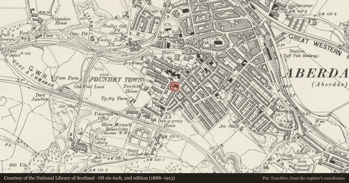 Ordnance Survey six-inch map, 2nd edition (1888–1913) covering the location of Presbytery at Catholic Church of St Joseph, Aberdare East, Rhondda Cynon Taff, with a pin at the register's coordinates