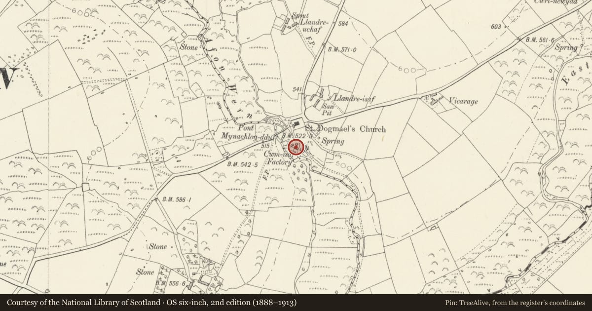 Ordnance Survey six-inch map, 2nd edition (1888–1913) covering the location of Cwmisaf Mill, Mynachlog-Ddu, Pembrokeshire, with a pin at the register's coordinates