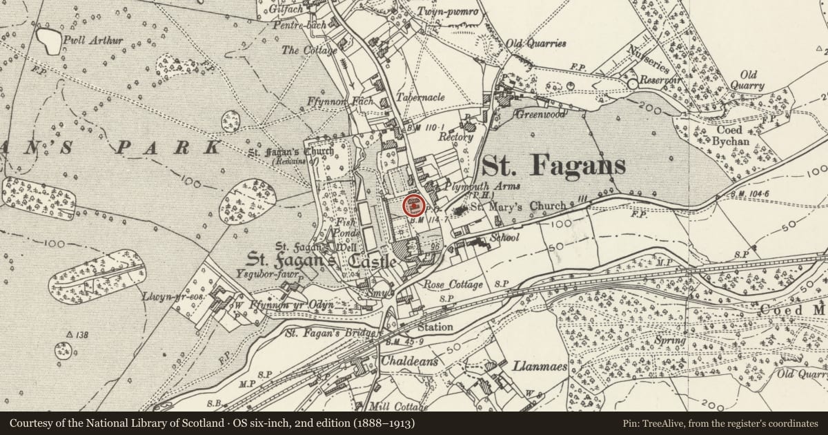Ordnance Survey six-inch map, 2nd edition (1888–1913) covering the location of The Vinery at St Fagans Castle, St. Fagans, Cardiff, with a pin at the register's coordinates