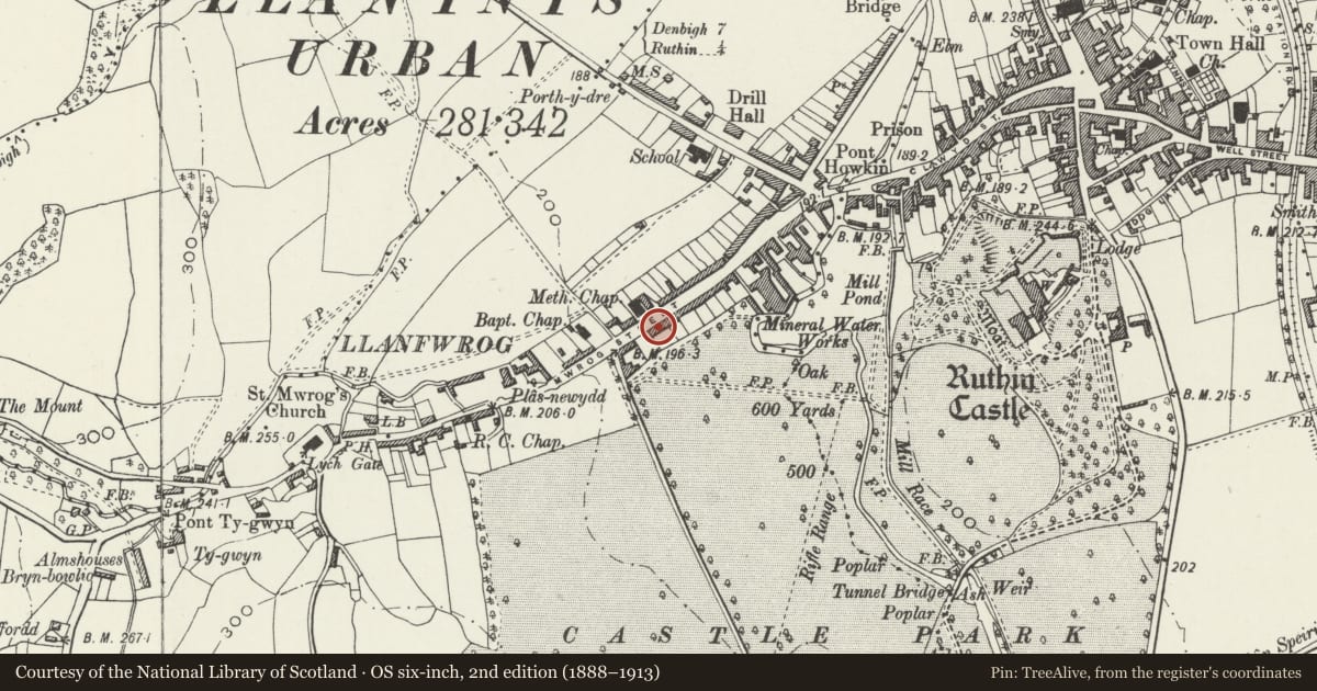 Ordnance Survey six-inch map, 2nd edition (1888–1913) covering the location of 83 Mwrog Street, Ruthin, Denbighshire, with a pin at the register's coordinates