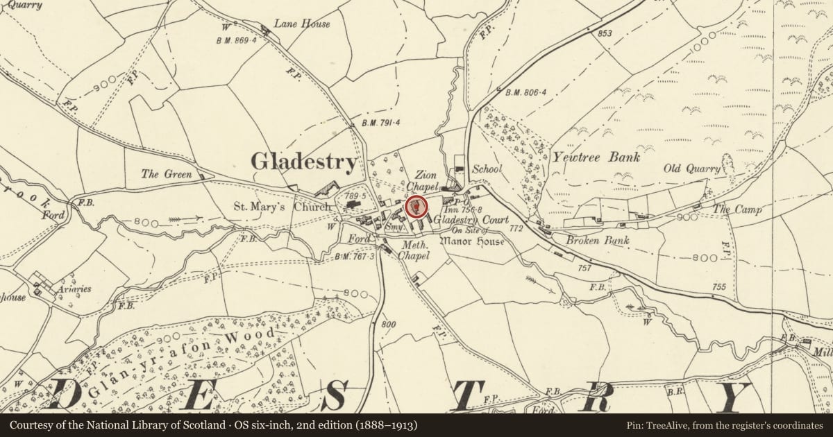 Ordnance Survey six-inch map, 2nd edition (1888–1913) covering the location of Gladestry Court, Powys, with a pin at the register's coordinates