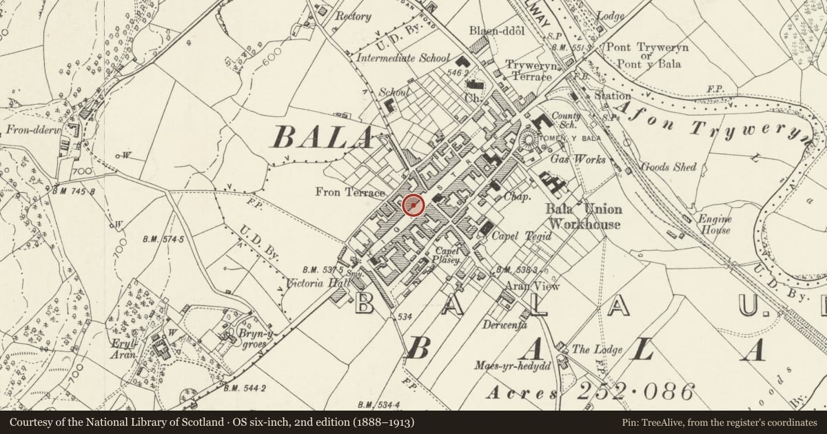 Ordnance Survey six-inch map, 2nd edition (1888–1913) covering the location of Catholic Church of Our Lady of Fatima, including the Presbytery, Bala, Gwynedd, with a pin at the register's coordinates