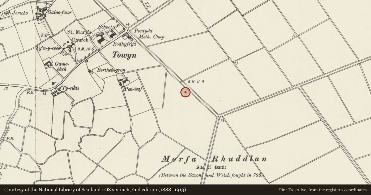 Ordnance Survey six-inch map, 2nd edition (1888–1913) covering the location of Catholic Church of Christ the King, Kinmel Bay and Towyn, Conwy, with a pin at the register's coordinates