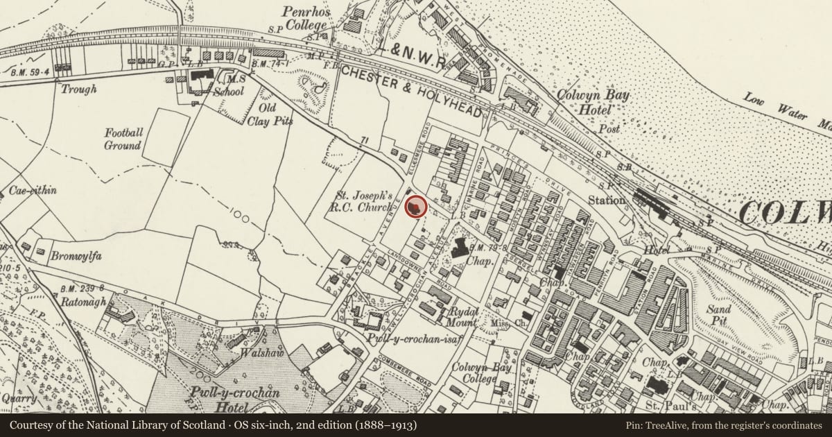 Ordnance Survey six-inch map, 2nd edition (1888–1913) covering the location of Catholic Church of St Joseph including attached presbytery, Colwyn Bay, Conwy, with a pin at the register's coordinates